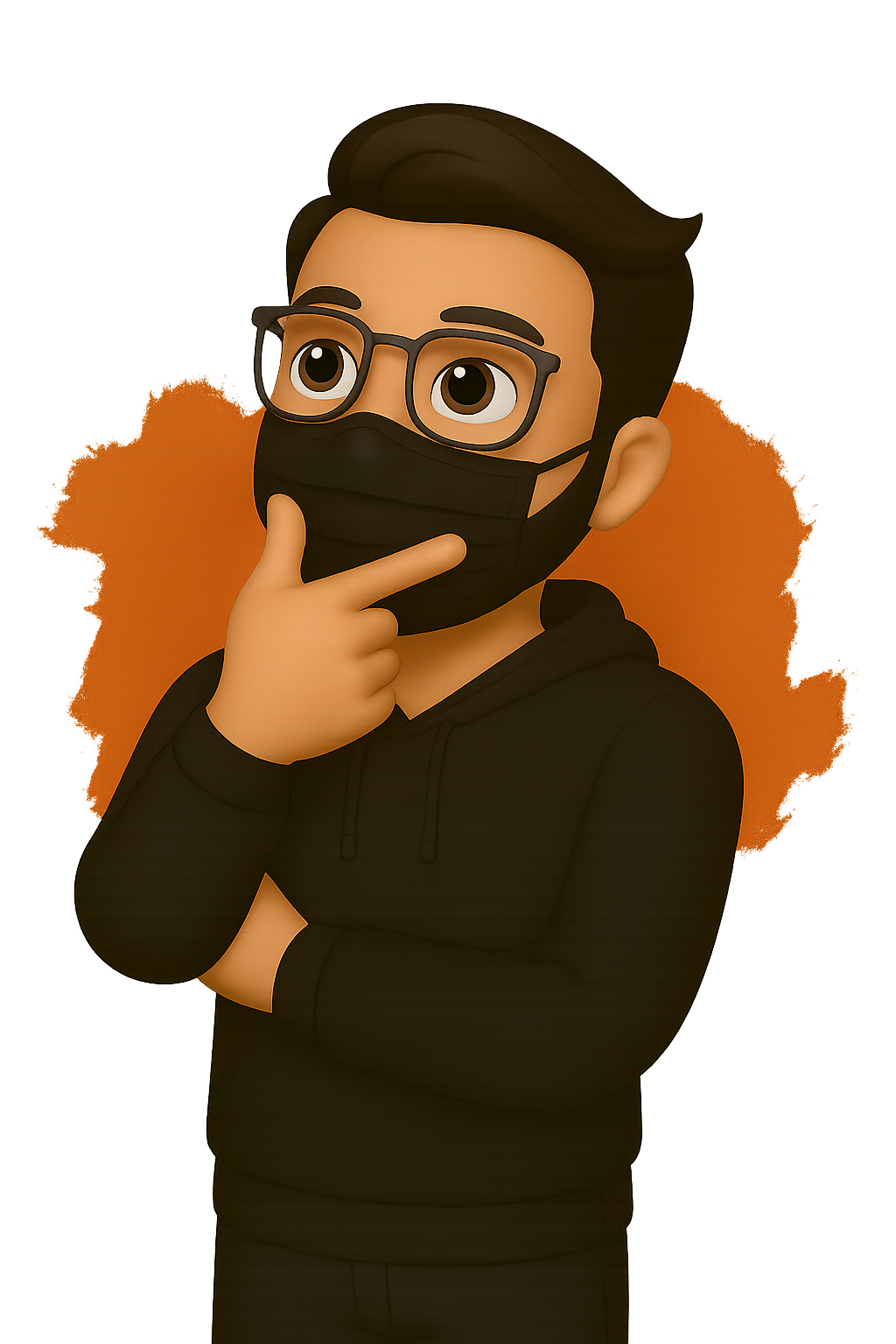 A man in black hoodie with a thinking expression